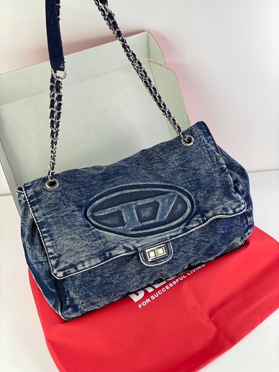 Diesel Classic Denim Flap Bag with Chain Straps