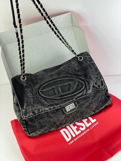 Diesel Classic Denim Flap Bag with Chain Straps