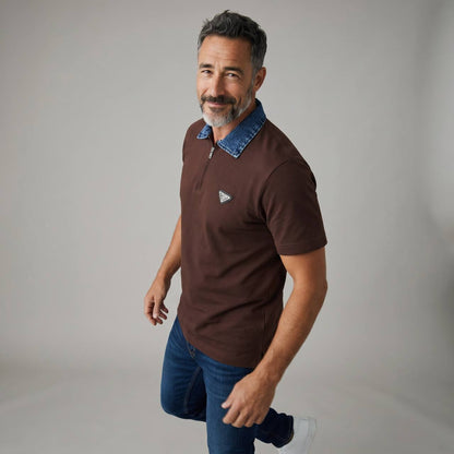 Prada Milano Denim Collar Zip Polo – Espresso Edition ☕👖