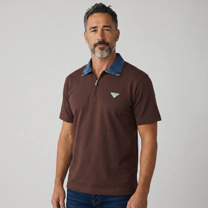 Prada Milano Denim Collar Zip Polo – Espresso Edition ☕👖