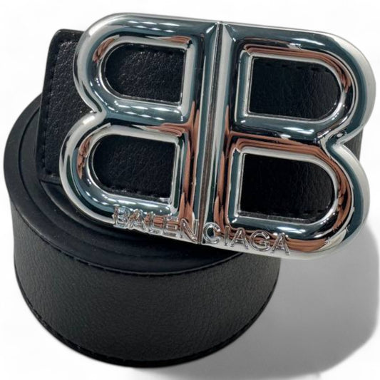 Balenciaga Black Leather Belt with Silver "BB" Logo Buckle