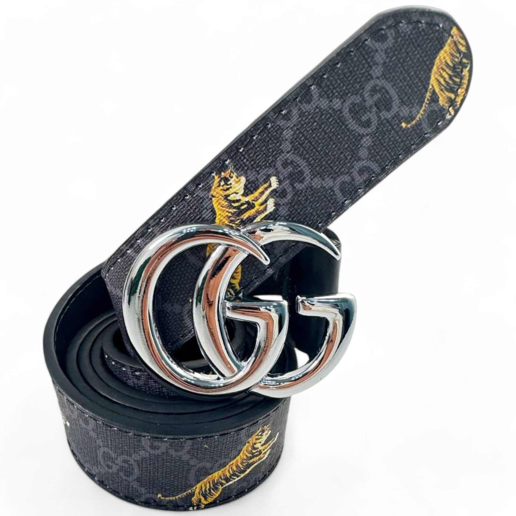 Gucci Black Tiger Print Belt with Silver GG Buckle