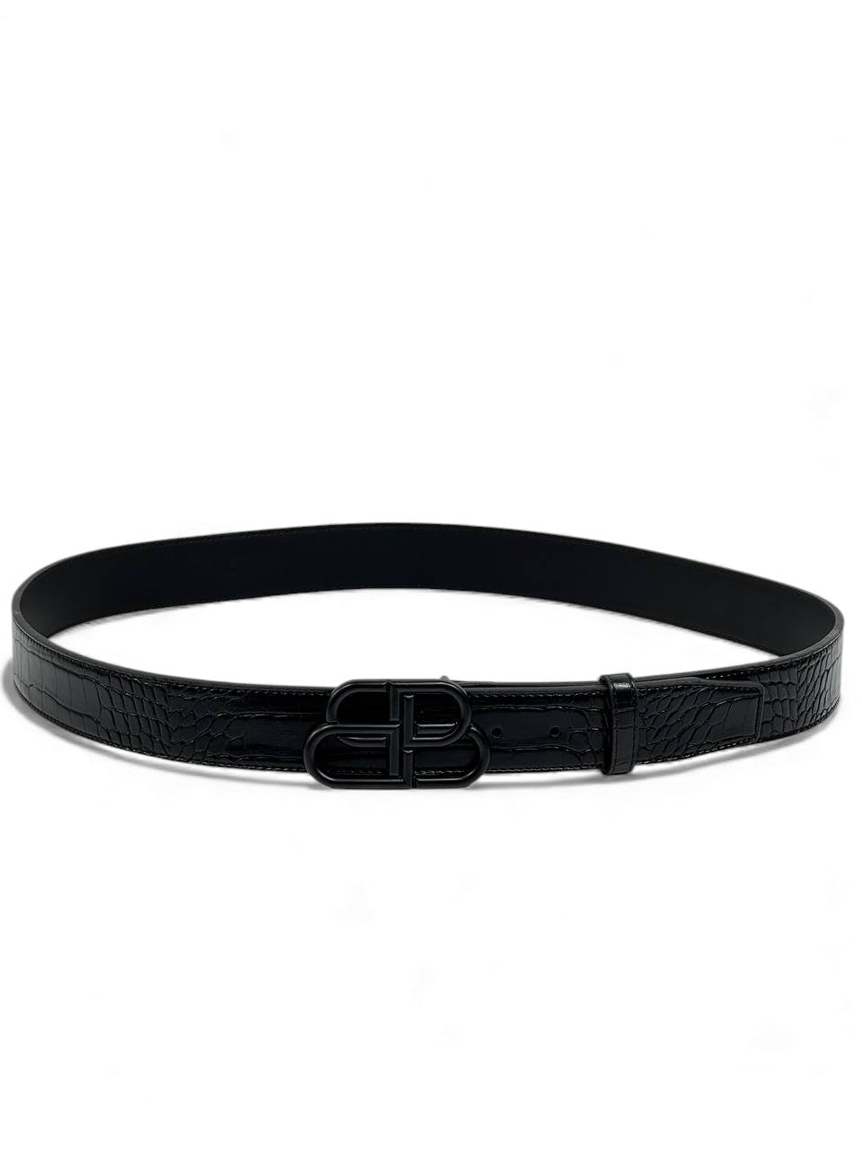 🖤 Balenciaga Croco-Embossed Leather Belt – Black-on-Black BB Logo (130 cm) 🖤