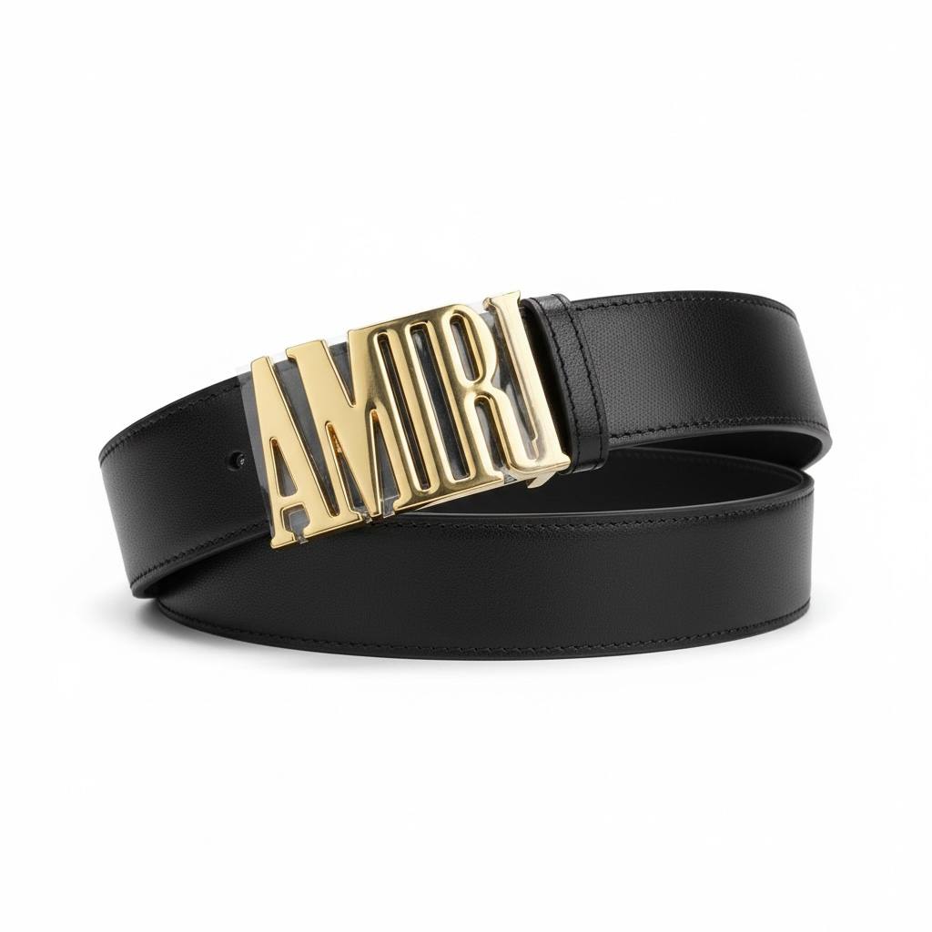 Amiri Gold Logo Leather Belt – Black Designer Statement Belt 125cm 🖤✨