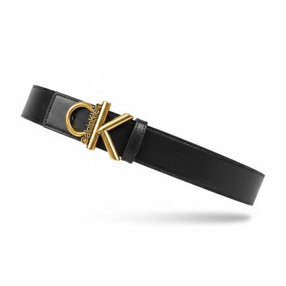 Calvin Klein CK Gold Logo Leather Belt – Black Statement Buckle 120cm 🖤✨