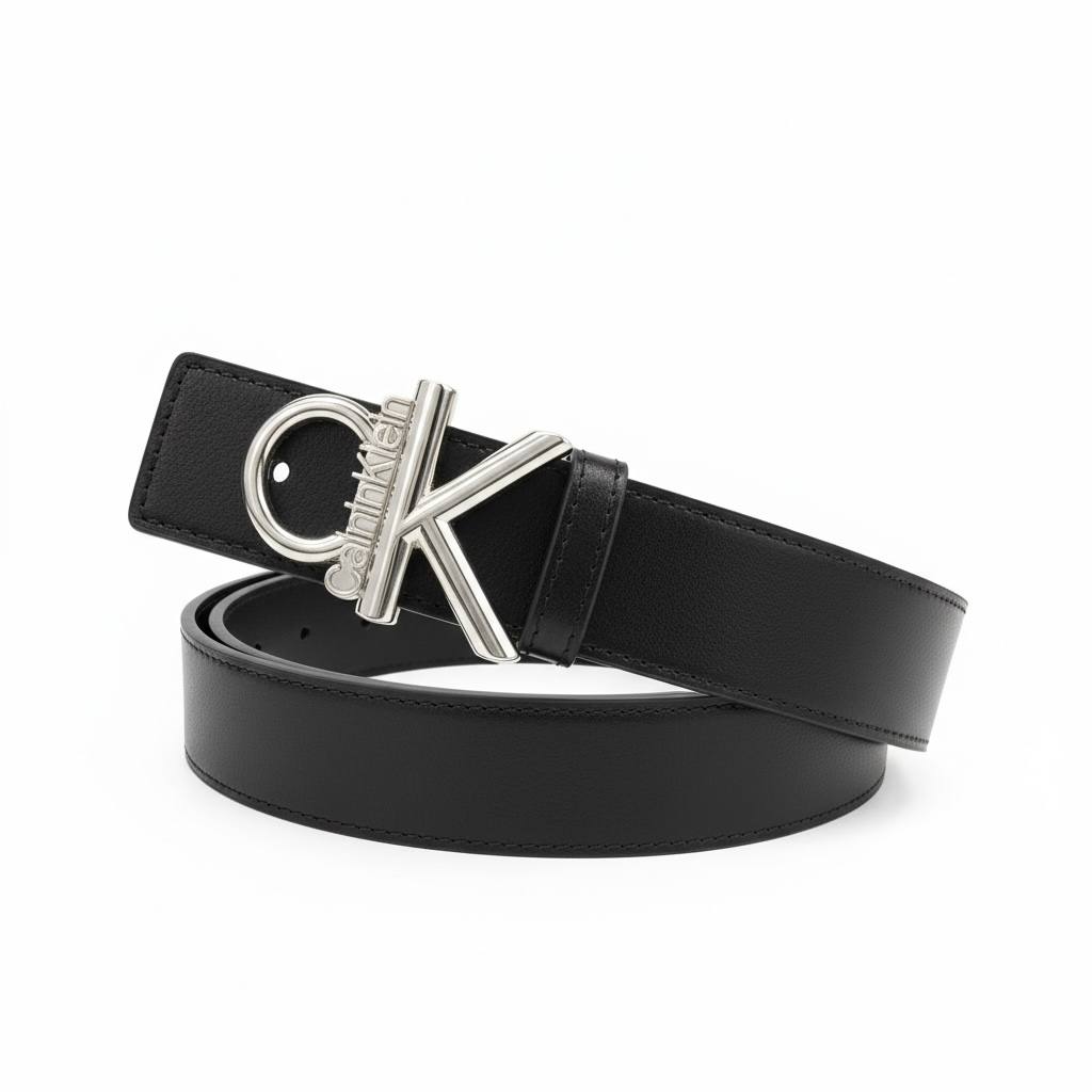 Calvin Klein CK Black Leather Belt – Silver Monogram Buckle 115cm 🖤✨