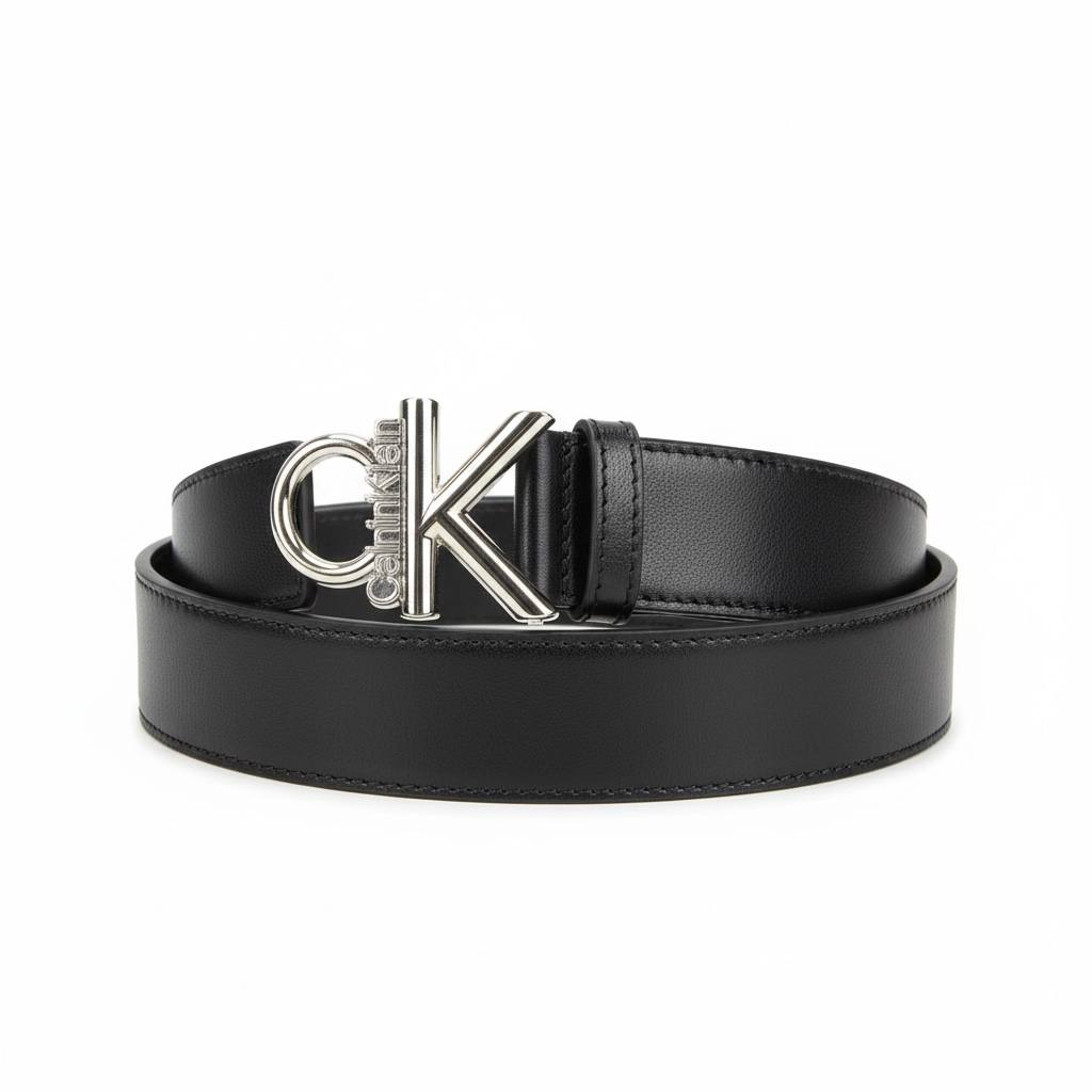 Calvin Klein CK Black Leather Belt – Silver Monogram Buckle 115cm 🖤✨