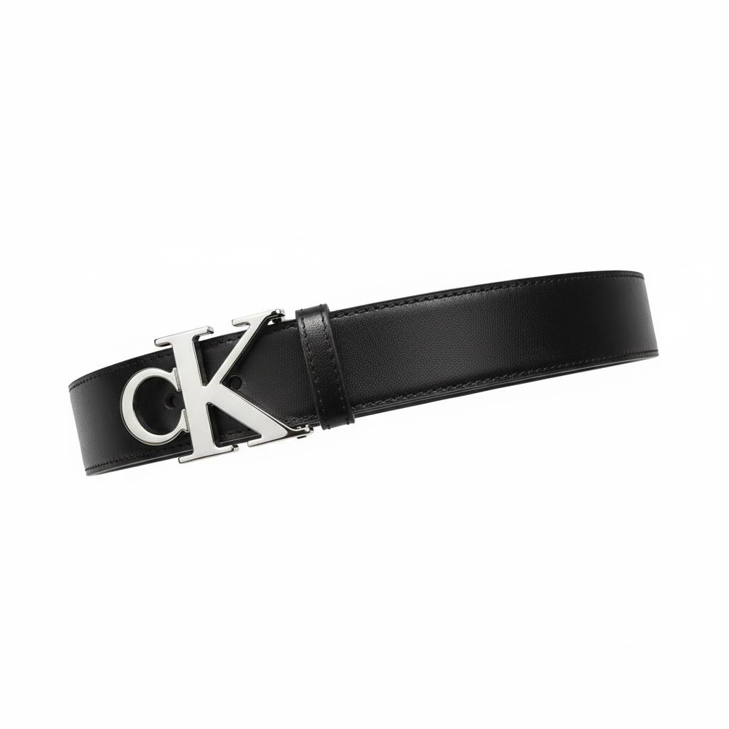 Calvin Klein CK Black Leather Belt – Polished Silver Logo Buckle 115cm 🖤✨