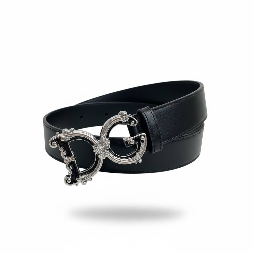 Dolce & Gabbana DG Baroque Leather Belt – Black 110cm ✨🖤