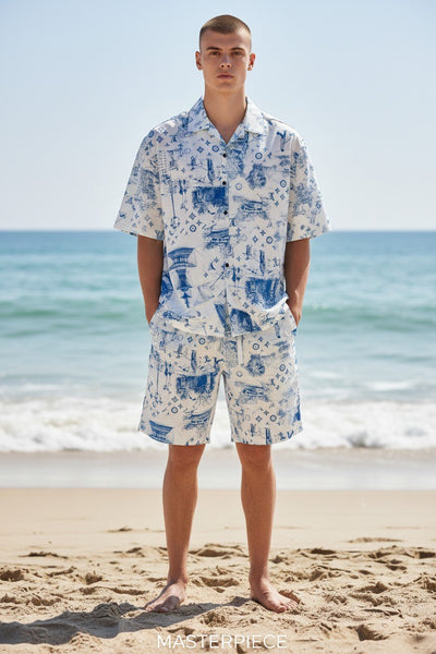 Louis Vuitton Inspired Beach Resort Co-Ord Set for Men – Luxury Monogram Printed Summer Shirt & Shorts Outfit 🌊✨