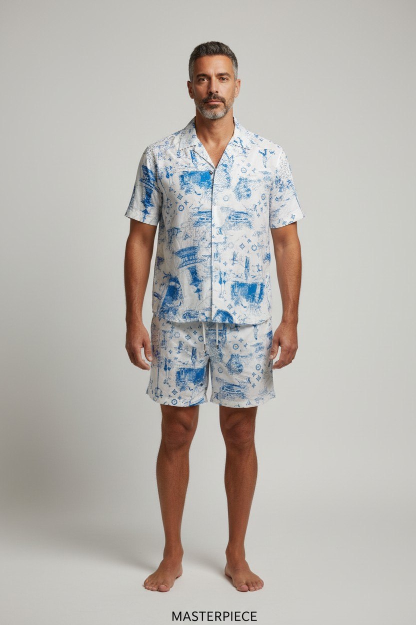 Louis Vuitton Inspired Beach Resort Co-Ord Set for Men – Luxury Monogram Printed Summer Shirt & Shorts Outfit 🌊✨