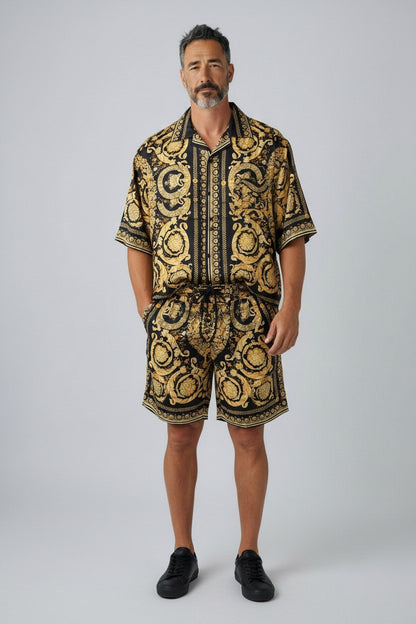 Versace Baroque Print Luxury Co-Ord Set for Men – Premium Black & Gold Resort Outfit ✨