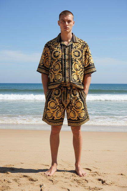 Versace Baroque Print Luxury Co-Ord Set for Men – Premium Black & Gold Resort Outfit ✨