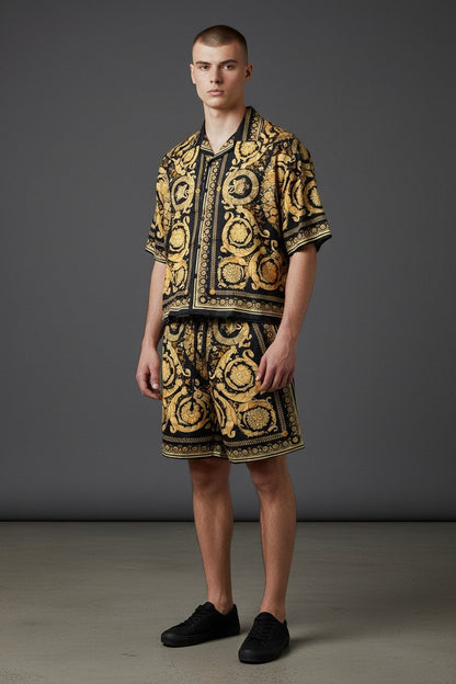 Versace Baroque Print Luxury Co-Ord Set for Men – Premium Black & Gold Resort Outfit ✨