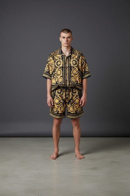 Versace Baroque Print Luxury Co-Ord Set for Men – Premium Black & Gold Resort Outfit ✨