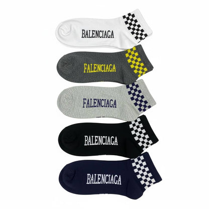 Balenciaga Low-Cut Socks 5-Piece Set 🧦🔥 | Mixed Colors Checker Design