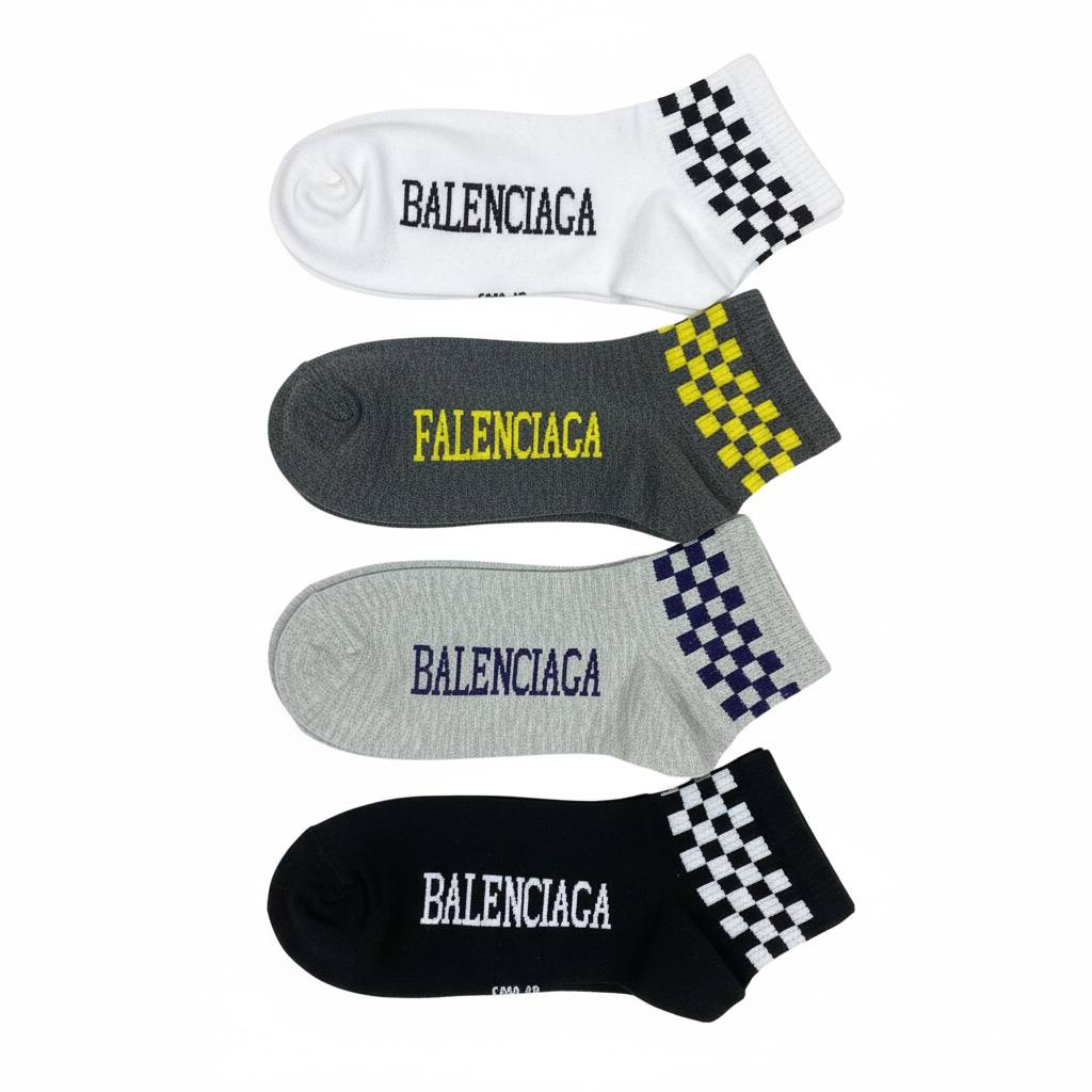 Balenciaga Low-Cut Socks 5-Piece Set 🧦🔥 | Mixed Colors Checker Design