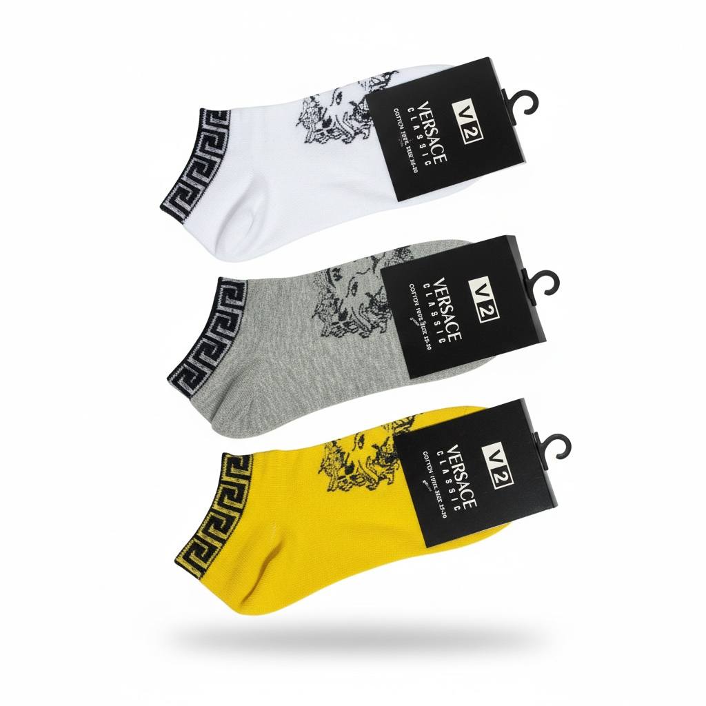 Versace Medusa Ankle Socks 3-Piece Set 🖤🤍💛 | White, Grey & Yellow