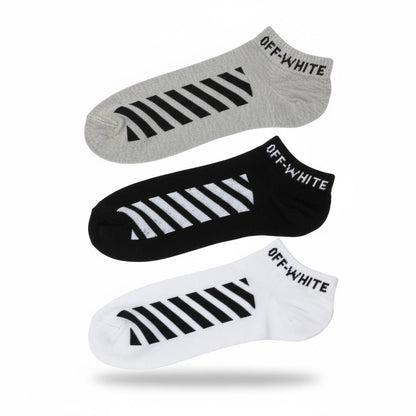Off-White Diagonal Stripe Ankle Socks 3-Piece Set 🖤🤍 | Grey, Black & White Pack