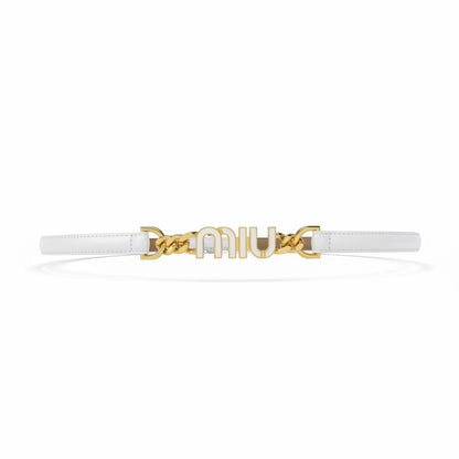 Miu Miu Slim Leather Belt – White Gold Logo Chain Detail ✨🤍
