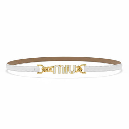 Miu Miu Slim Leather Belt – White Gold Logo Chain Detail ✨🤍