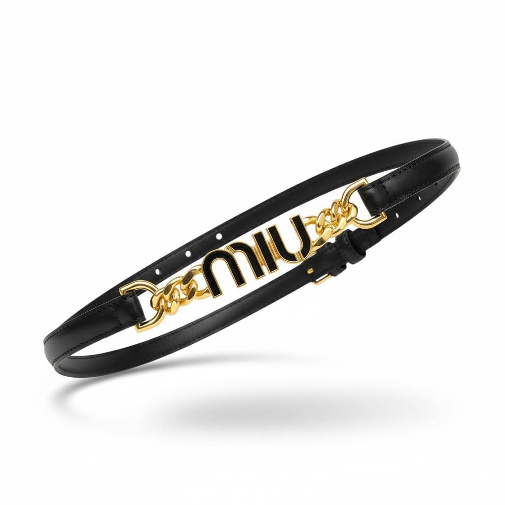 Miu Miu Black Leather Logo Belt – Gold Chain Statement Waist Accessory ✨🖤
