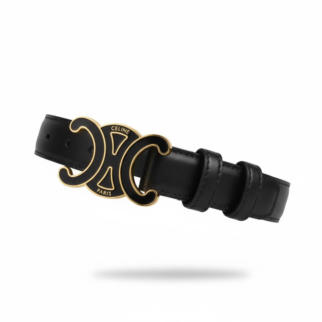 Celine Triomphe Black Enamel Belt – Gold Paris Signature Buckle ✨🖤
