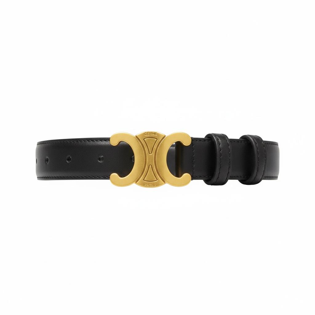 Celine Triomphe Black Leather Belt – Gold Iconic Statement Buckle ✨🖤