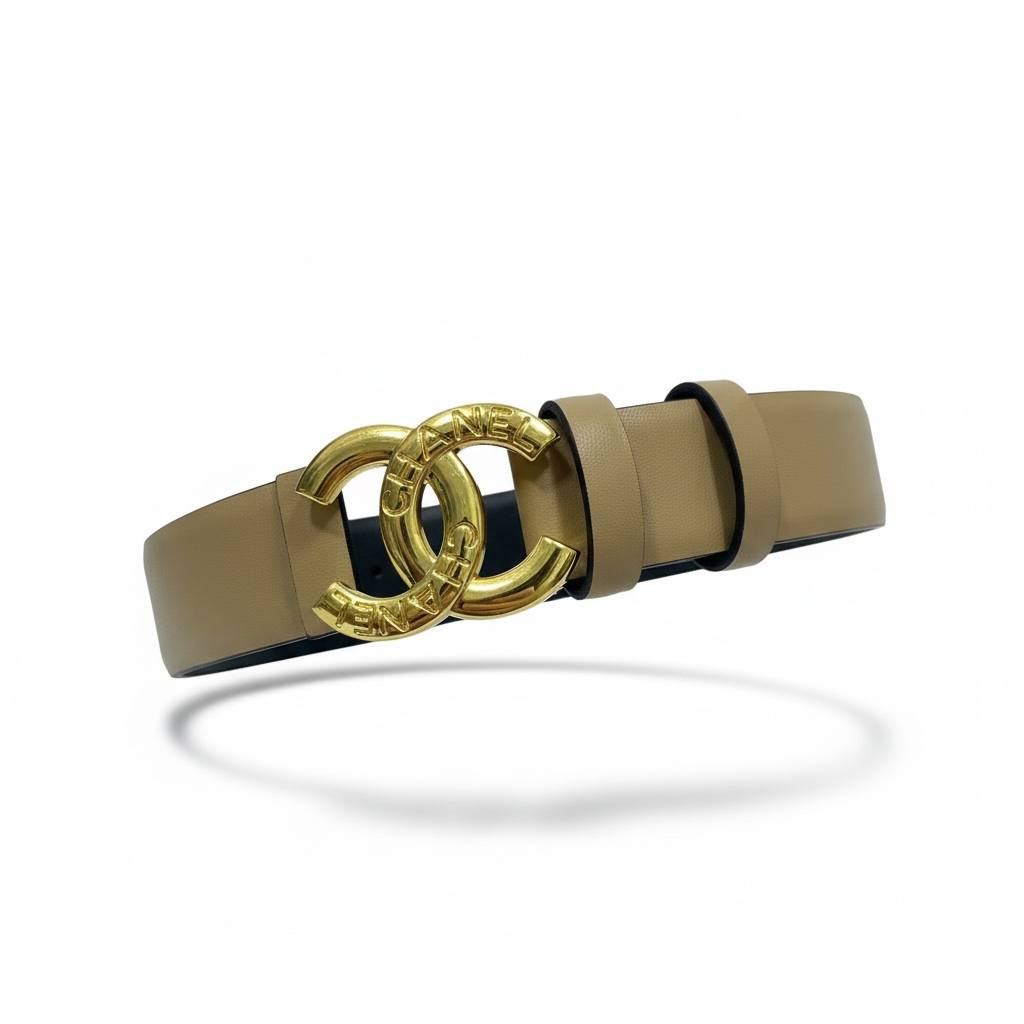 Chanel CC Engraved Logo Leather Belt – Beige with Gold Buckle 🤎✨