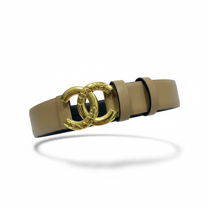 Chanel CC Engraved Logo Leather Belt – Beige with Gold Buckle 🤎✨