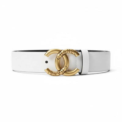 Chanel CC Logo Leather Belt – White with Gold Engraved Buckle 🤍✨