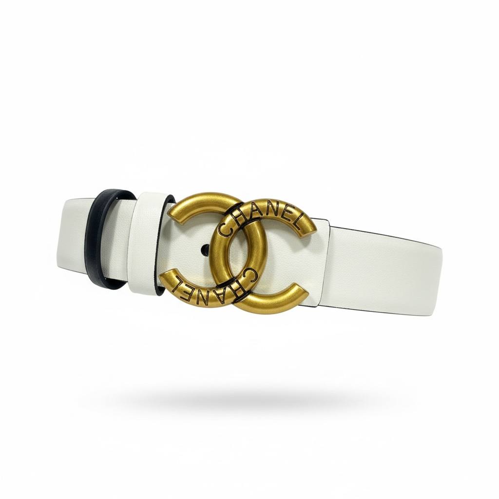 Chanel CC Logo Leather Belt – White with Gold Engraved Buckle 🤍✨