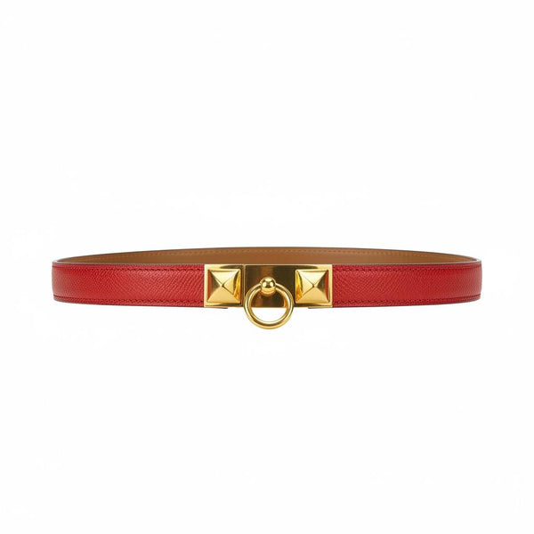 Hermès Collier de Chien Inspired Red Leather Belt – Gold Pyramid Ring Buckle 🔥✨