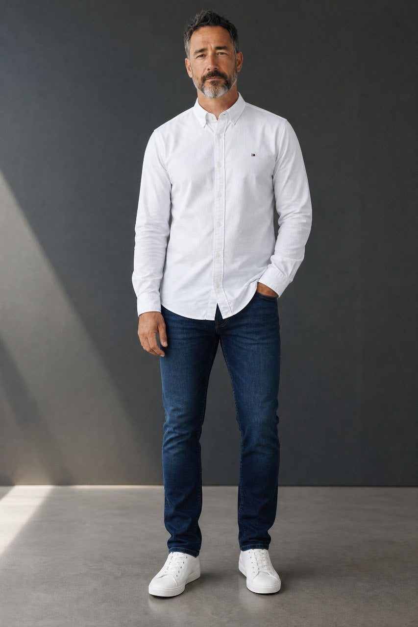 Tommy Hilfiger Premium Classic Oxford Button Down Long Sleeve Shirt for Men – Crisp White Luxury Edition 🤍✨