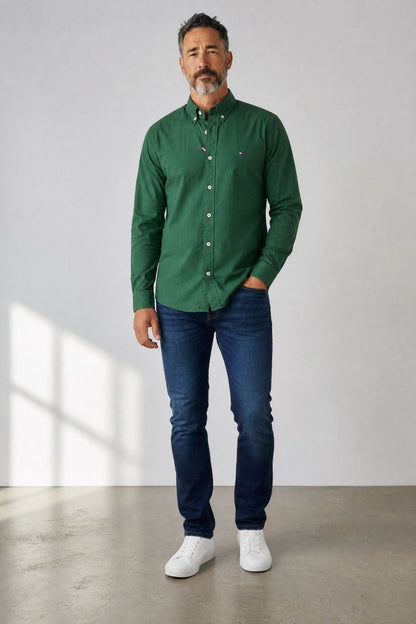 Tommy Hilfiger Premium Forest Green Oxford Button Down Long Sleeve Shirt for Men – Luxury Smart Casual Classic 🌿✨