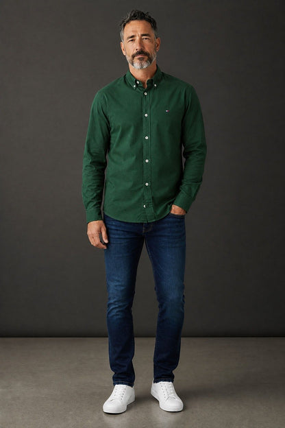 Tommy Hilfiger Premium Forest Green Oxford Button Down Long Sleeve Shirt for Men – Luxury Smart Casual Classic 🌿✨