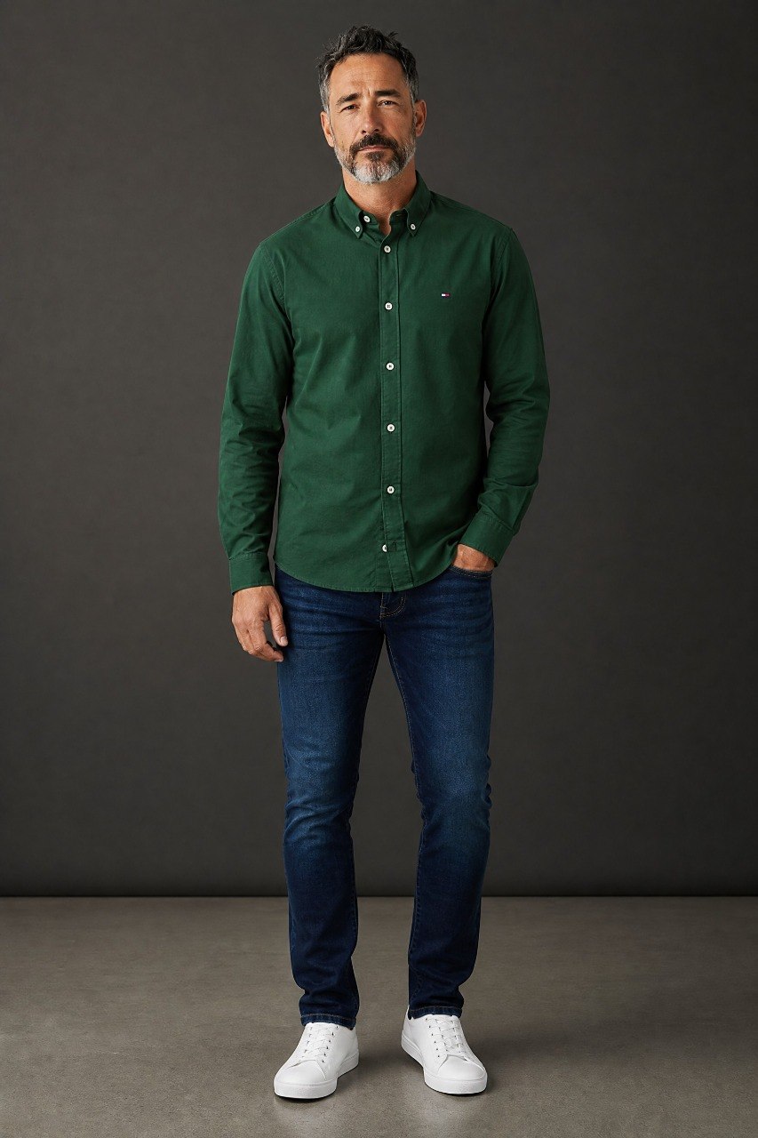 Tommy Hilfiger Premium Forest Green Oxford Button Down Long Sleeve Shirt for Men – Luxury Smart Casual Classic 🌿✨