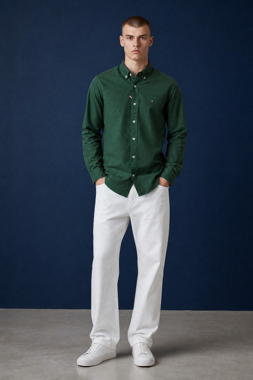 Tommy Hilfiger Premium Forest Green Oxford Button Down Long Sleeve Shirt for Men – Luxury Smart Casual Classic 🌿✨