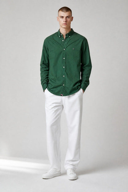 Tommy Hilfiger Premium Forest Green Oxford Button Down Long Sleeve Shirt for Men – Luxury Smart Casual Classic 🌿✨