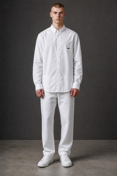 Lacoste Premium Classic White Oxford Button Down Long Sleeve Shirt for Men – Luxury Smart Casual Wardrobe Essential 🤍✨