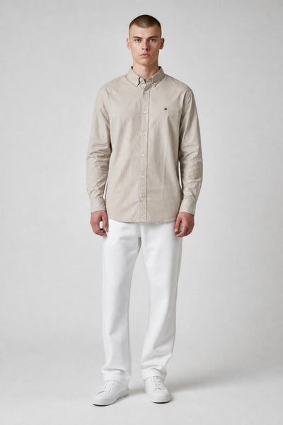 Tommy Hilfiger Premium Stone Beige Oxford Button Down Long Sleeve Shirt for Men – Luxury Minimal Smart Casual Essential 🤎✨