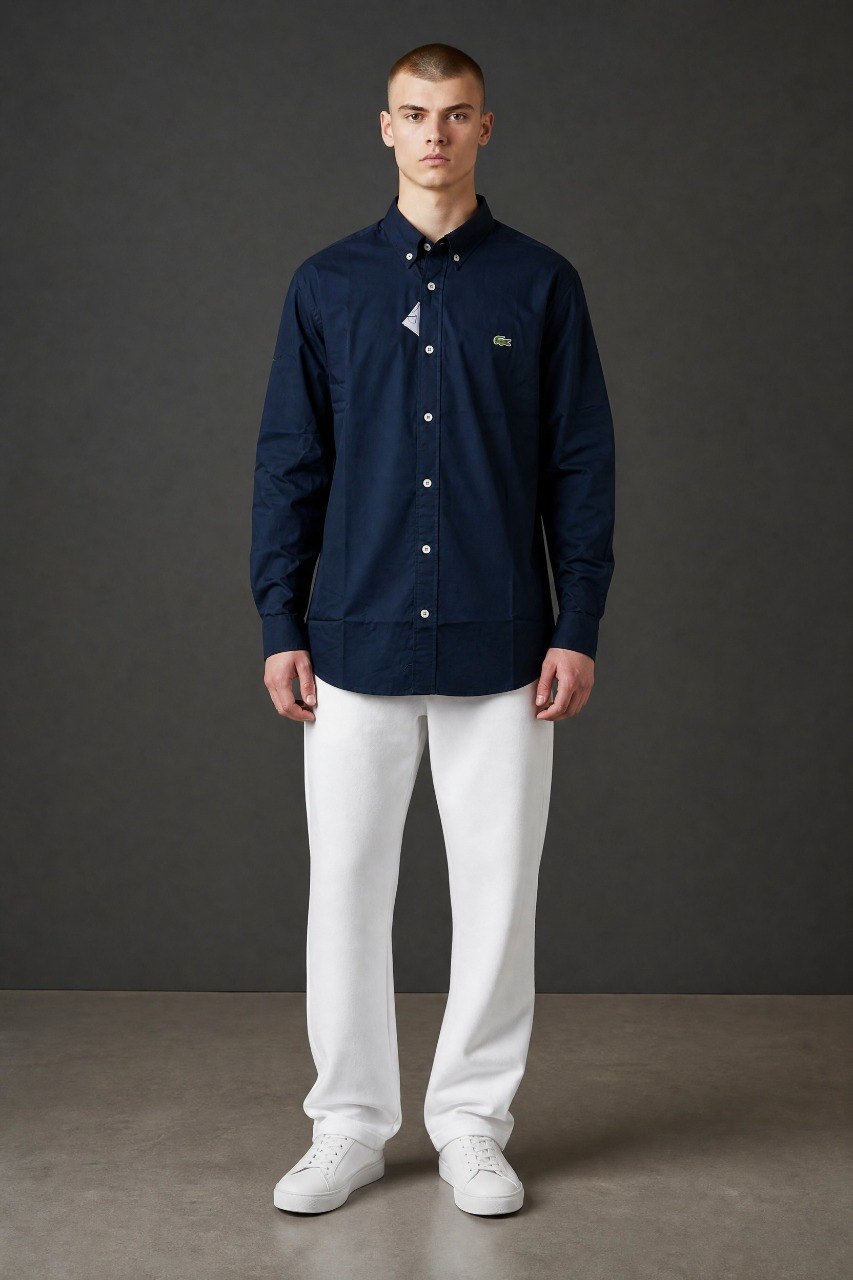 Lacoste Premium Navy Blue Oxford Button Down Long Sleeve Shirt for Men – Elegant Smart Casual Luxury Essential 💙✨