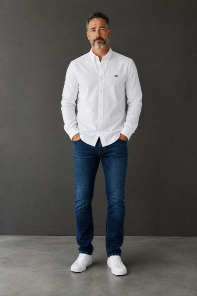 Lacoste Premium Classic White Oxford Button Down Long Sleeve Shirt for Men – Luxury Smart Casual Wardrobe Essential 🤍✨