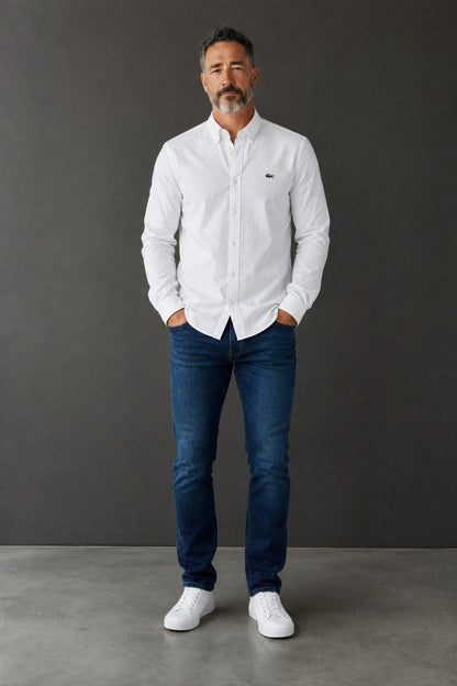 Lacoste Premium Classic White Oxford Button Down Long Sleeve Shirt for Men – Luxury Smart Casual Wardrobe Essential 🤍✨