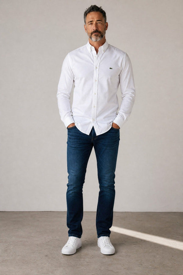 Lacoste Premium Classic White Oxford Button Down Long Sleeve Shirt for Men – Luxury Smart Casual Wardrobe Essential 🤍✨