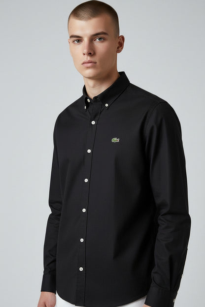 Lacoste Premium Black Button Down Oxford Shirt for Men – Luxury Smart Casual Long Sleeve Designer Essential 🖤✨