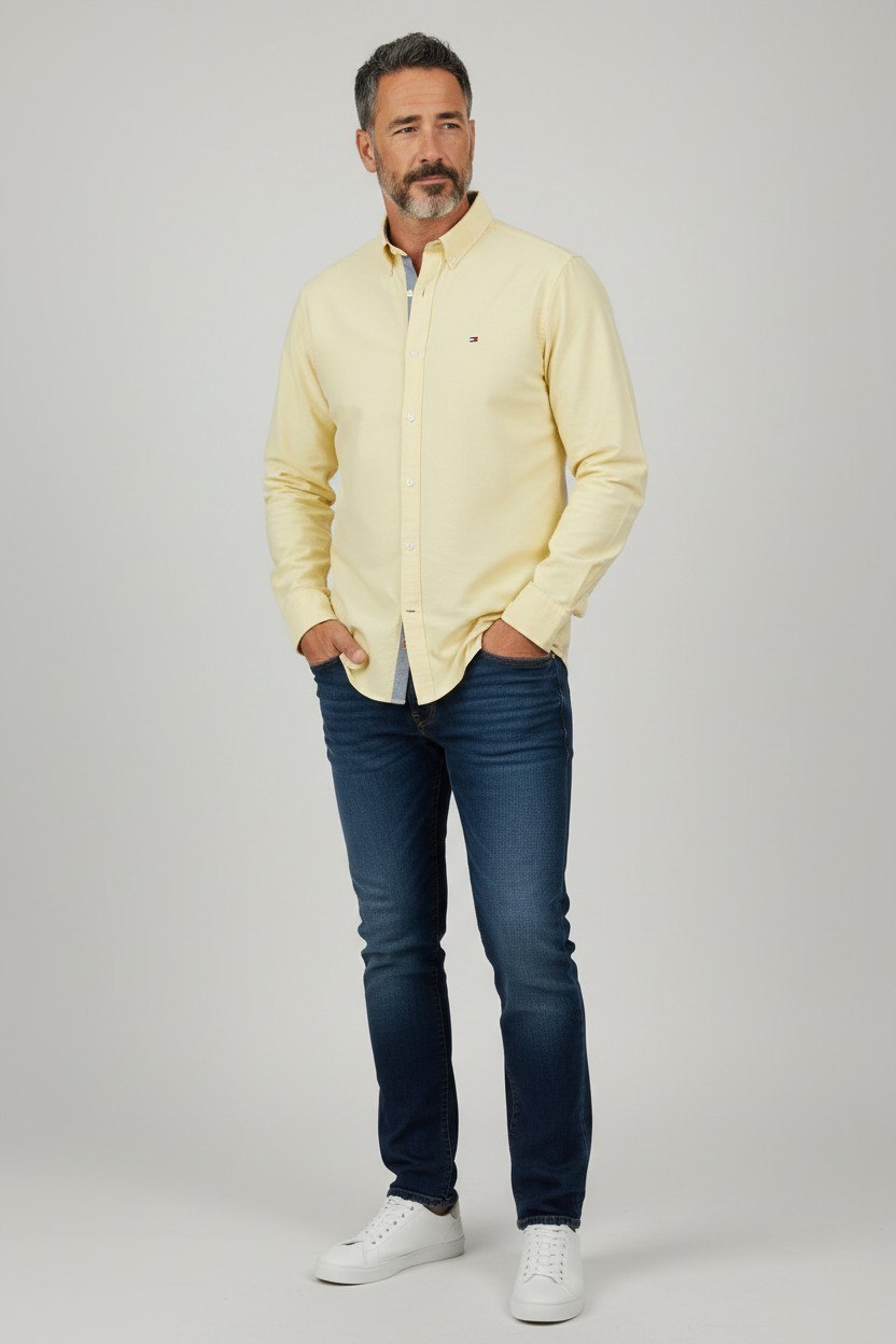Tommy Hilfiger Premium Butter Yellow Oxford Button Down Long Sleeve Shirt for Men – Luxury Smart Casual Summer Essential 💛✨