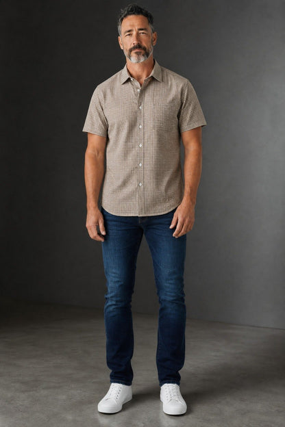 Zara Premium Beige Checkered Short Sleeve Button Up Shirt for Men – Relaxed Fit Smart Casual Summer Overshirt 🤎✨