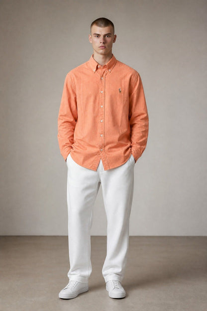 Polo Ralph Lauren Premium Peach Orange Oxford Button Down Long Sleeve Shirt for Men – Luxury Smart Casual Essential 🍑✨