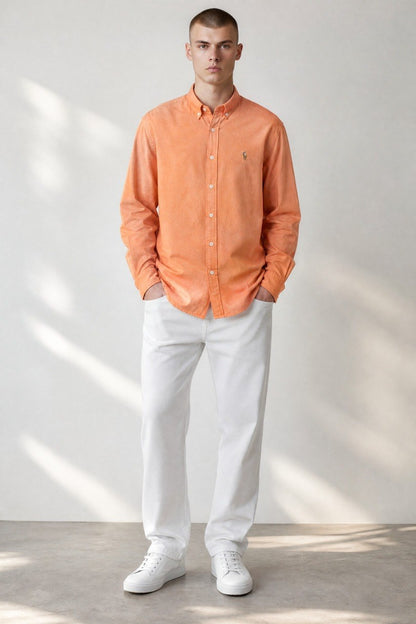 Polo Ralph Lauren Premium Peach Orange Oxford Button Down Long Sleeve Shirt for Men – Luxury Smart Casual Essential 🍑✨